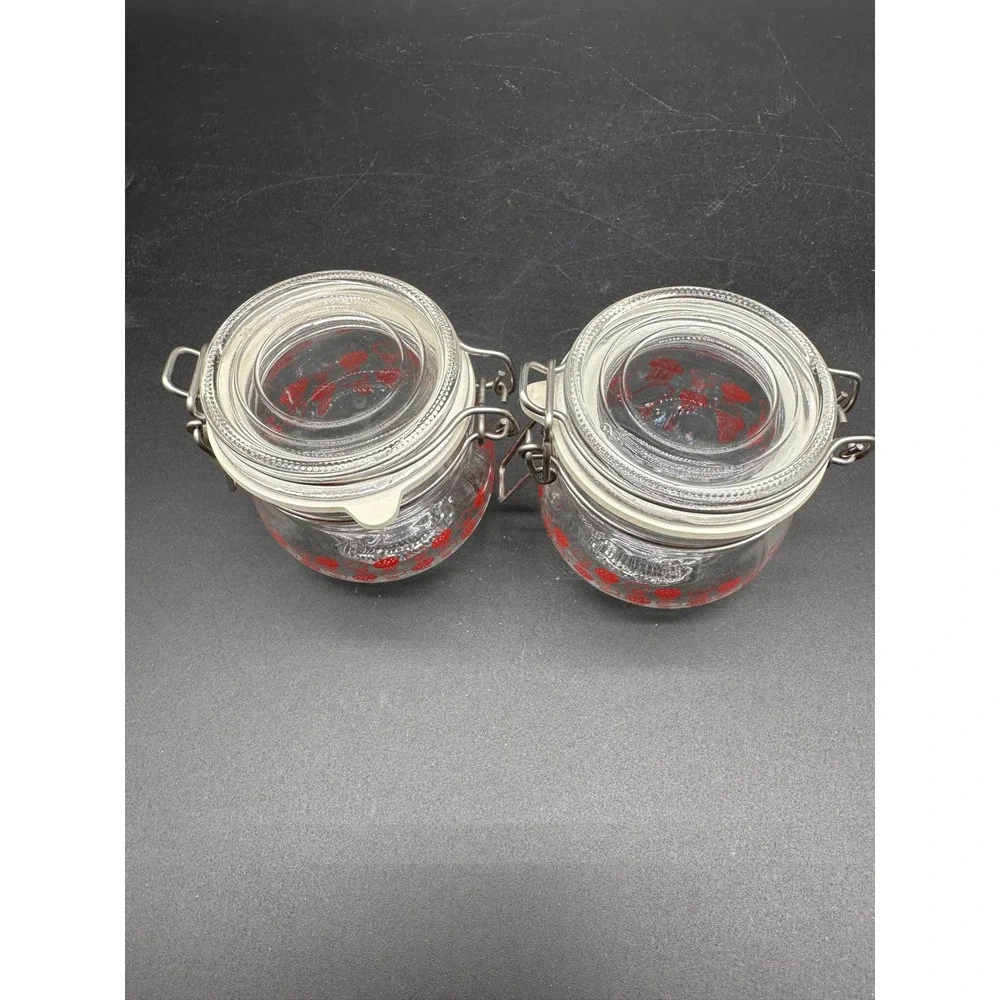 IKEA KORKEN Mushroom Glass Clamp Jars Set of 2 Red Clear 4oz Spice Storage